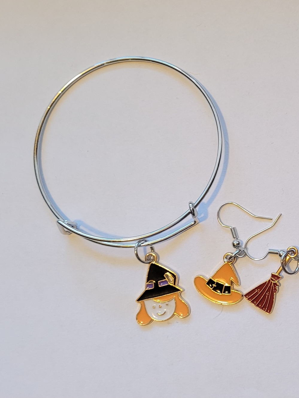 Silver Witch Charm Bangle Bracelet with Matching Earings